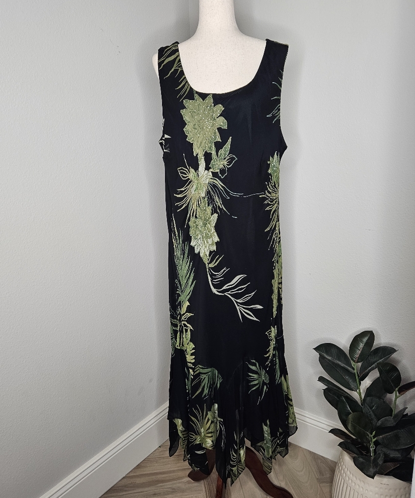 Eva Blue beaded Plus sz 24 black maxi dress Green floral print  Handkerchief hem